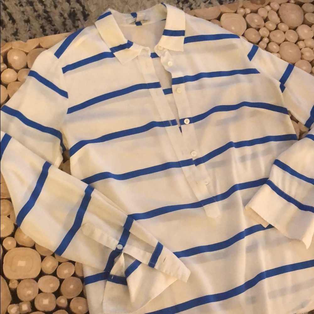 JCrew silk tunic blouse shirt 2 white blue striped
